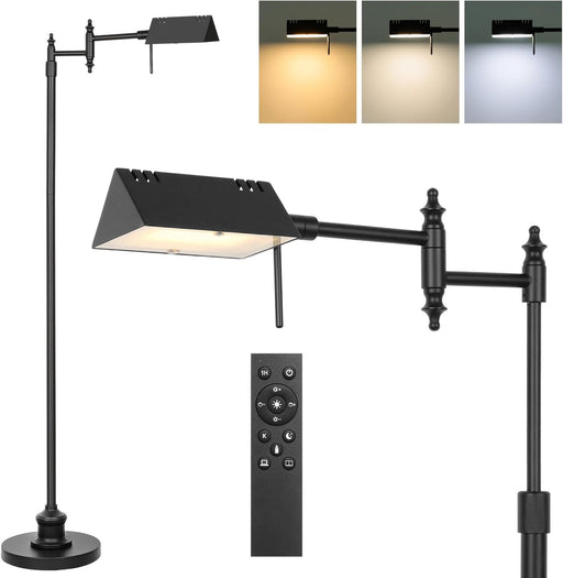 Dimmable Pharmacy Floor Lamp with Remote, 17W LED Reading Floor Lamp with 360°Swing Arm, 3 Color Temperature, Height Adjustable Black Standing Task Lamp for Living Room, Bedroom, Black