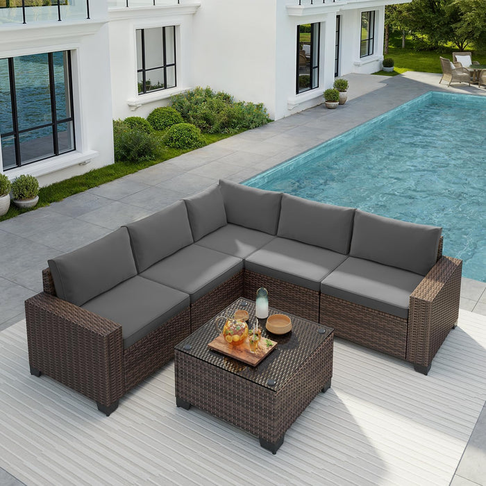 6-Piece Outdoor Patio Furniture Set, PE Wicker Rattan Sectional Sofa Conversation Set with Thickened Cushions and Coffee Table, All-Weather Patio Furniture for Garden, Backyard, Poolside, Grey
