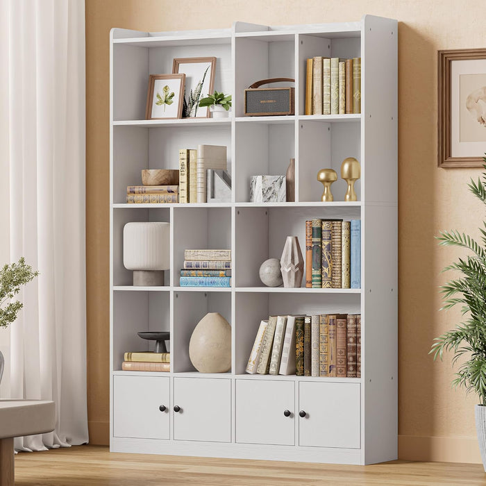 White 6-Tier Bookshelf Cabinet With Doors Floor-Standing