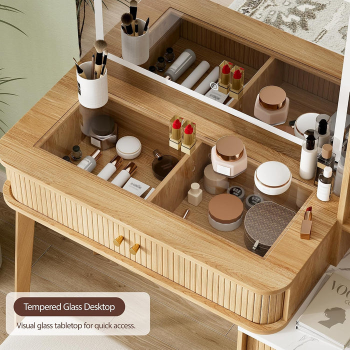 Fluted Makeup Vanity Desk with Large Lighted Mirror, Glass Top Vanity Table with 2 Drawers & Sliding Cabinet, Dressing Table with Stool and Charging Station for Bedroom, Natural Oak