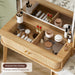Fluted Makeup Vanity Desk with Large Lighted Mirror, Glass Top Vanity Table with 2 Drawers & Sliding Cabinet, Dressing Table with Stool and Charging Station for Bedroom, Natural Oak