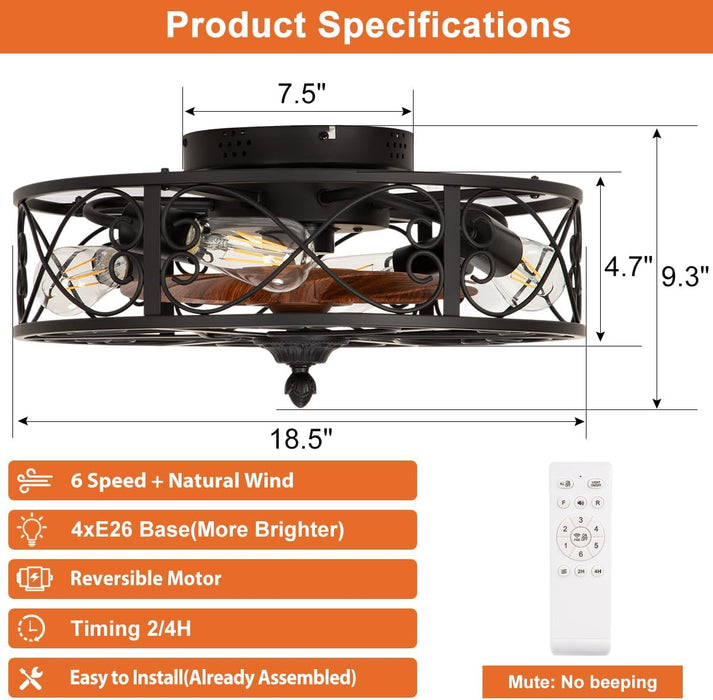 Caged Flush Mount Ceiling Fan with Lights, Farmhouse Rustic Bladeless Ceiling Fans with Lights and Remote, Low Profile Small Enclosed Ceiling Fan with Light for Bedroom, Kitchen, Black