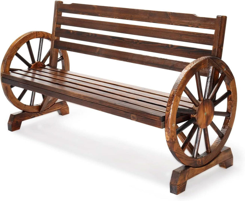 Outdoor Rustic Wooden Bench with Wagon Wheel Arms, 3 People Outdoor Bench Garden Bench Front Porch Furniture Patio Lawn Yard Park, Indoor and Ourdoor Decor