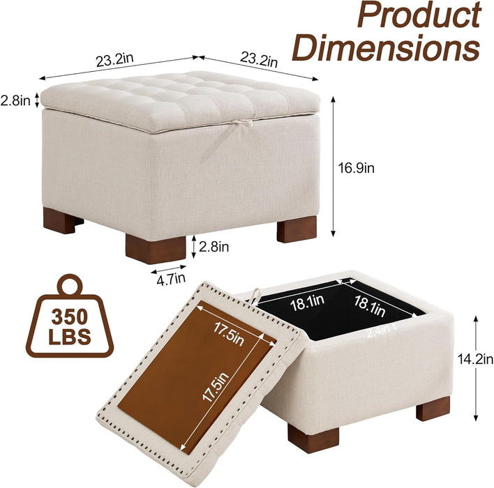 24" Fabric Square Storage Ottoman with Wooden Tray, Modern Tufted Button Footstool Coffee Table, Upholstered Small Ottoman for Living Room, Bedroom, Beige