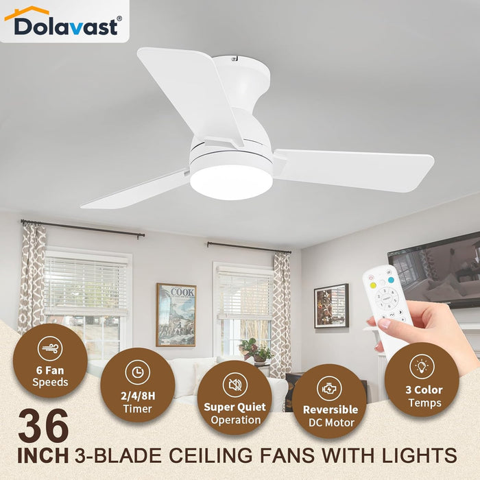 Ceiling Fans with Lights and Remote, 36 Inch Ceiling Fan with Light, Low Profile, Reversible, Dimmable LED, Flush Mount, Quiet, DC Motor, White Ceiling Fan for Bedroom, Kitchen, Office
