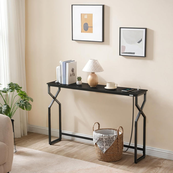 44.9" Sofa Table, 9.4" Narrow Console Table with Charging Station, Couch Table behind Sofa with Outlet, Entryway Table with Display Shelf, Living Room, Black CTHB113E01