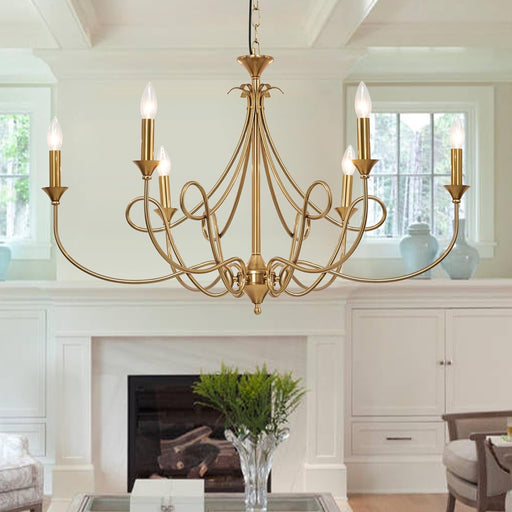 6-Light Modern Chandelier 36.6" Brass Candle Chandeliers Metal Gold Pendant Light Fixture for Dining Room Living Room Kitchen Island Foyer Entryway, E12 Base