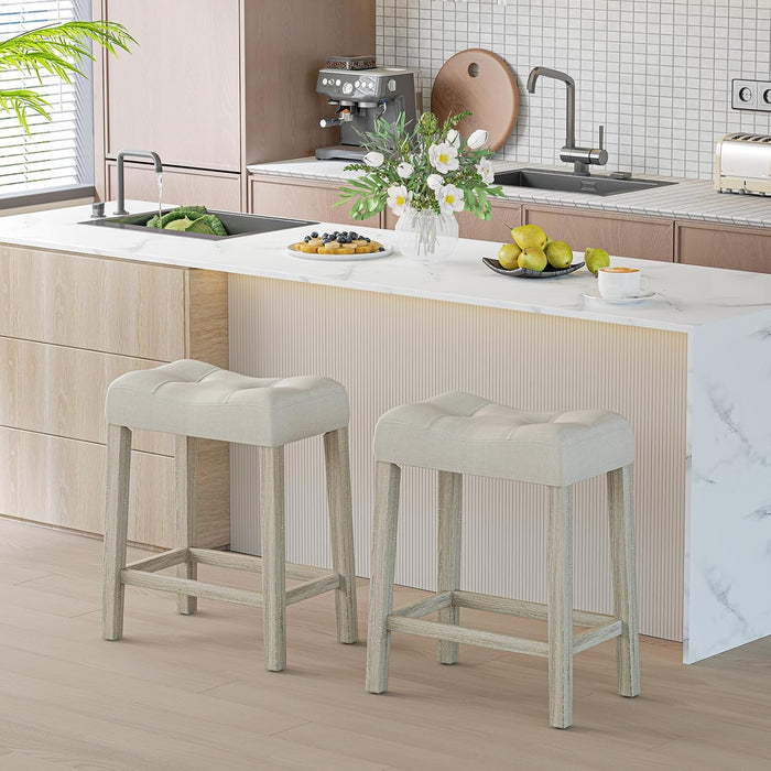 24" Saddle Bar Stools Set of 4, Farmhouse Button Tufted Barstools | Upholstered Counter Height Backless Bar Chairs with Footrest and Wood Legs for Kitchen Island, Dining Room, Cafe