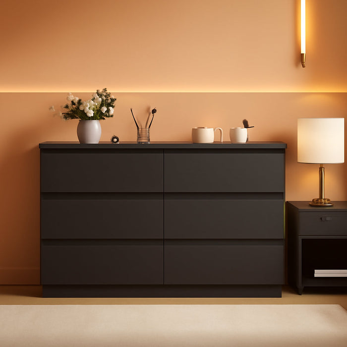 Black 6 Drawer Dresser for Bedroom, 15.3" D X 47.2" W X 32.3" H in Simply Modern Chest of Drawers, Wood Storage Double Dresser with Deep Drawers for Living Room, Hallway Entryway, Black