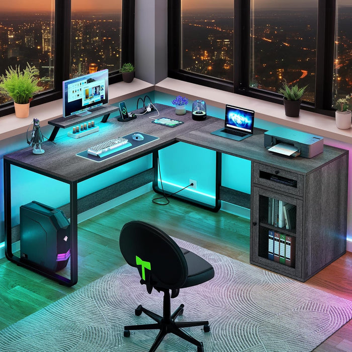 Grey L-Shaped Desk with Drawer & LED Lights