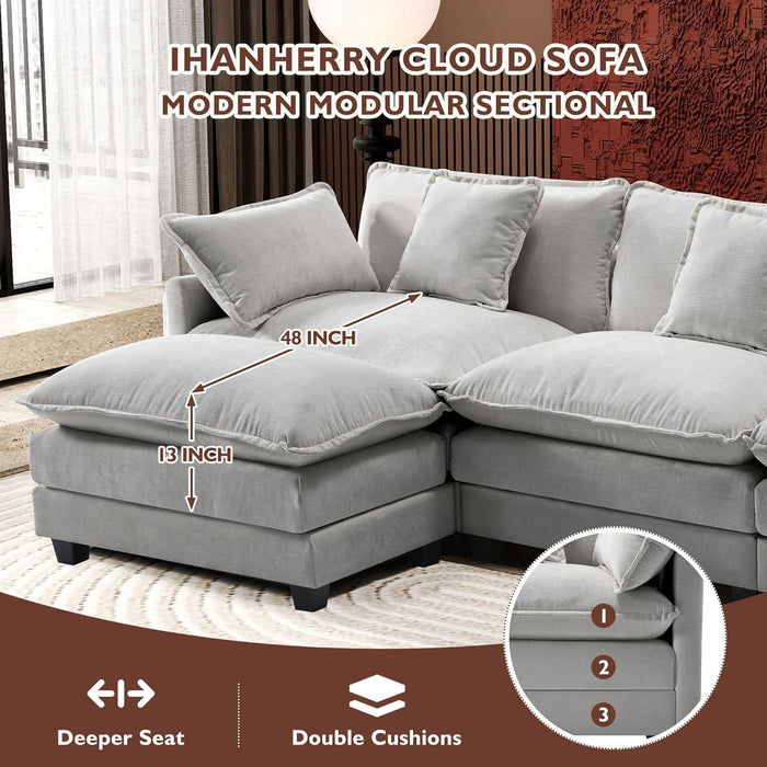 111.4" L Shaped Modern Sofa Modular Sectional Cloud Couch with Ottoman, 4-Seat Chenille Deep Seat Sofa with Pillow for Living Room, Bedroom and Apartment, Grey