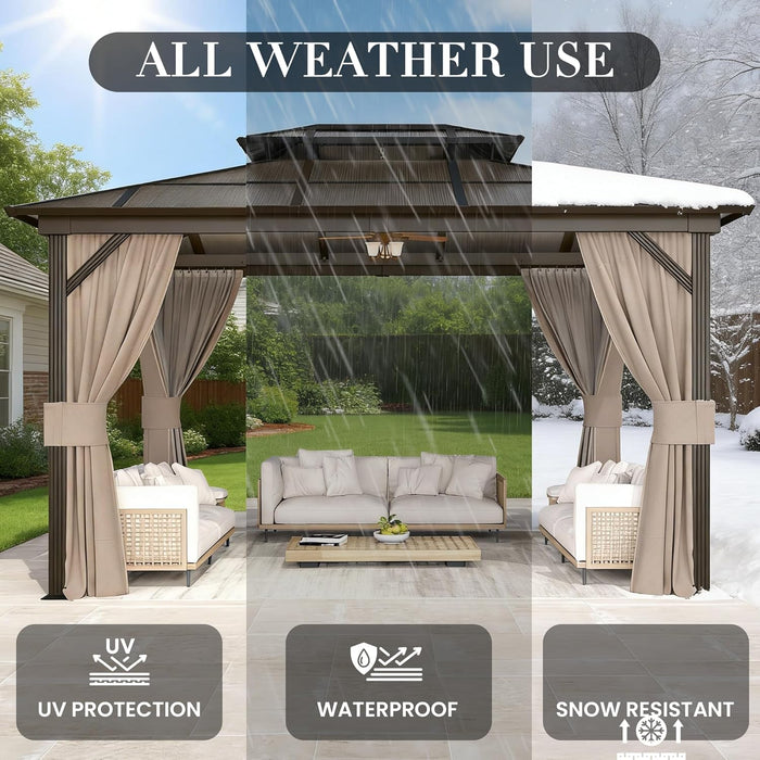 10'X13' Hardtop Gazebo, Outdoor Polycarbonate Double Roof Canopy, Aluminum Frame Permanent Pavilion with Curtains and Netting, Sunshade for Garden, Lawns, Patio