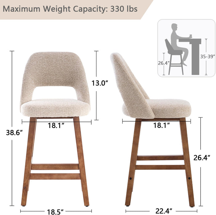 Counter Height Bar Stools, 26 Inch Bar Stools Set of 4 with Back, Upholstered Barstools with Footrest, Wood Legs, Fabric in Oatmeal