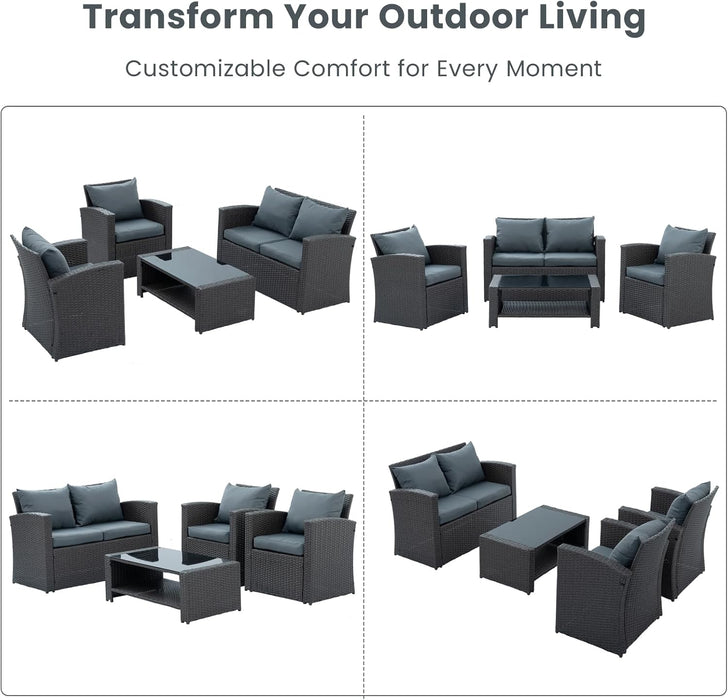 4 Pieces Patio Furniture Set, Outdoor Wicker Conversation Furniture Sets with Sofa, 2 Chairs and Coffee Table, Outdoor Loveseat with Soft Cushion for Garden, Balcony, Pool, Backyard, Grey