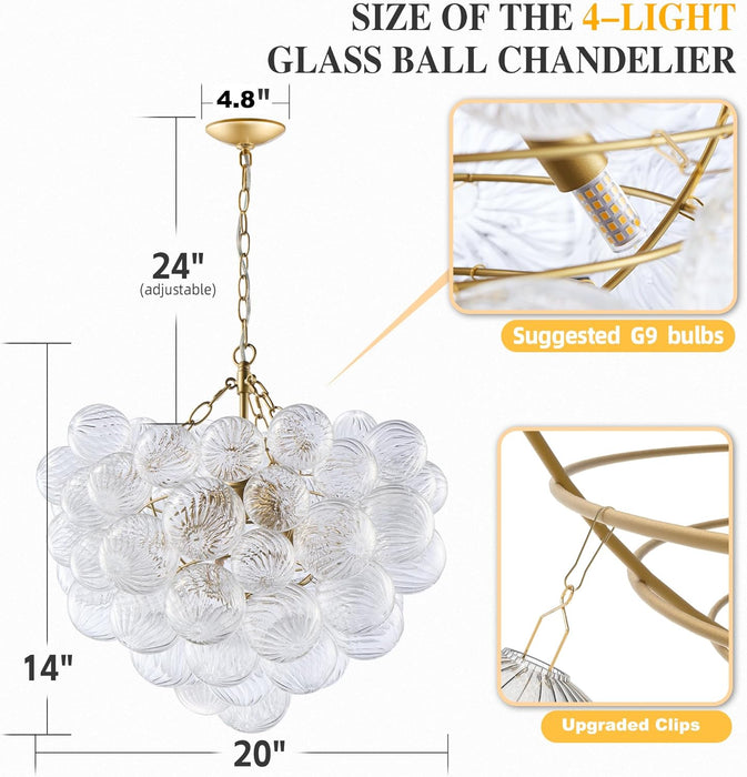 Gold Bubble Chandelier Lighting Dia 20" Swirled Clear Ribbed Hand Blown Glass Ball Chandeliers Hanging Decorative Light Fixture for Living Room Hallway Entryway Foyer Dining Room