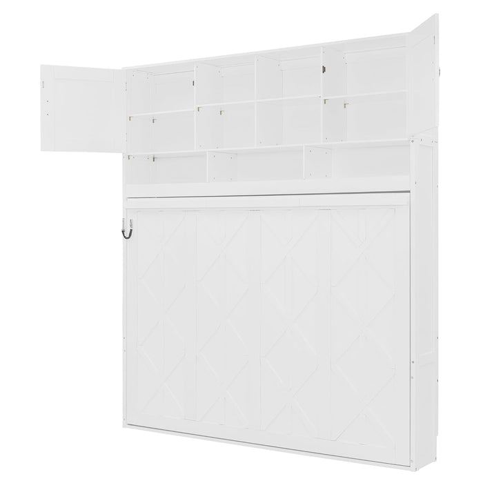Hideaway Bed Queen Size Murphy Bed with Ample Storage,Space-Saving Wall-Mounted Design Cabinets Bedframe W/Diamond Stripes,Hydraulic Lift System,For Apartment,White