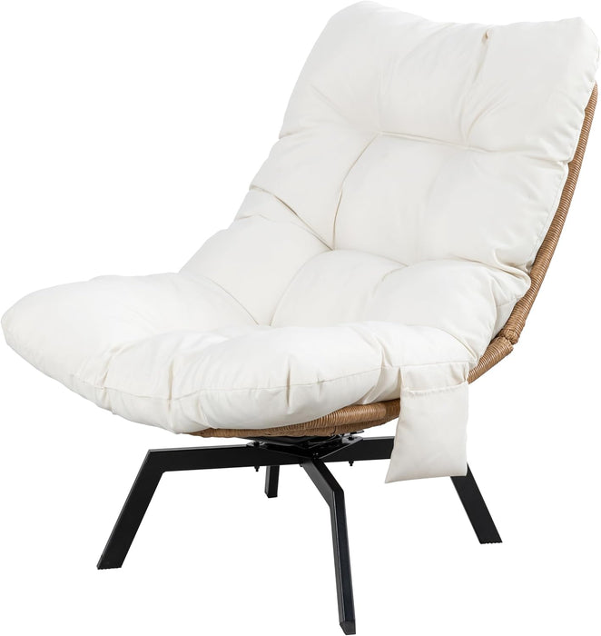 Outdoor Rattan Swivel Chair,Nature Wicker Patio Rotating Chair with Beige Thickened Cushion and Side Pocket,360° Rotation Patio Lounge Chairs for Living Room Bedroom Backyard Balcony
