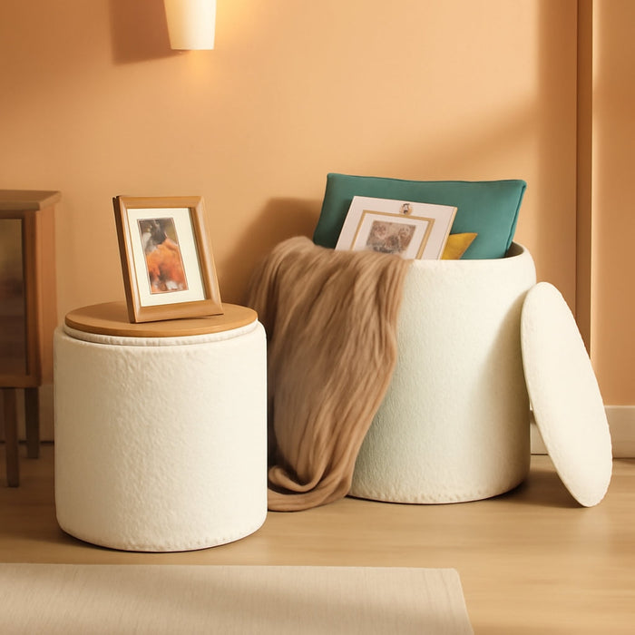 Round Storage Ottoman Set of 2 with Reversible Tray Lid—Multi-Functional Boucle Footrest, Vanity Stool, Sturdy Coffee Table for Living Room, Bedroom, Entryway (White)