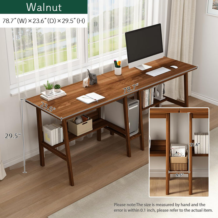 Two Person Desk Walnut 79Inch ExtendedWorkstation Shelves