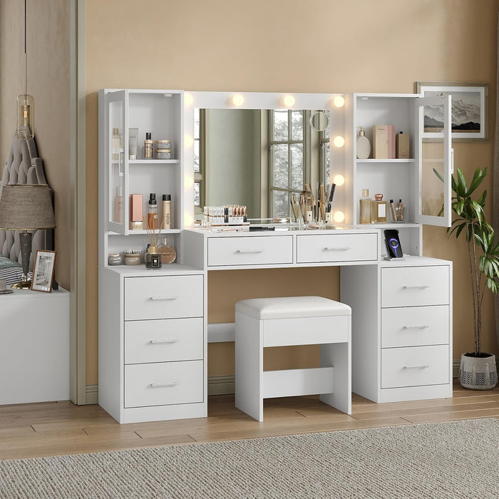 59'' W Large Makeup Vanity Desk with Mirror and Lights, White Vanity with Power Outlet, 8 Drawers & 2 Cabinets, 3 Lighting Modes Brightness Adjustable, Glass Top Vanity with Chair for Bedroom