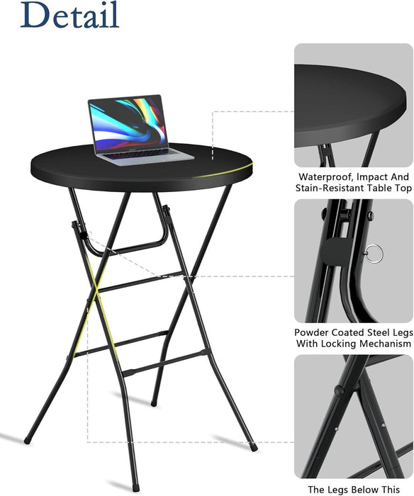Round Folding Table, 32" Bar Height Tables for Parties and Commercial Events, Portable Plastic Table W/Thick Table Top, Metal Frame, Locking Legs, Indoor Outdoor Accessory, 2 Pack, Black