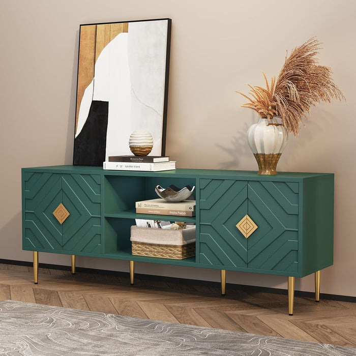 63'' Modern TV Stand for 65/70/75 Inch TV, Entertainment Center with Storage Cabinet, Mid Century Green TV Stand,Embossed Pattern TV Console, TV Media Console for Living Room, Bedroom