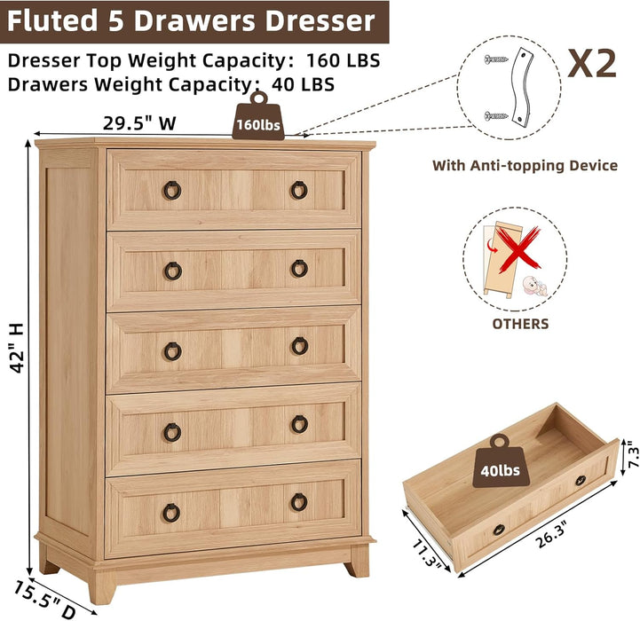 FarmhouseStyle 5 Drawer DresserUnit 42 Inches Tall