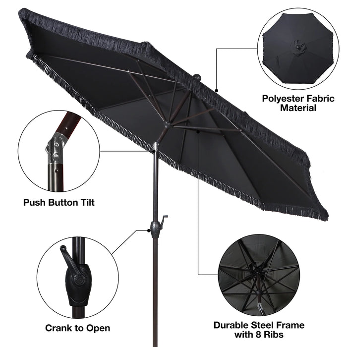 Outdoor 9' Black Ventura Fringe round Crank Premium Patio Umbrella