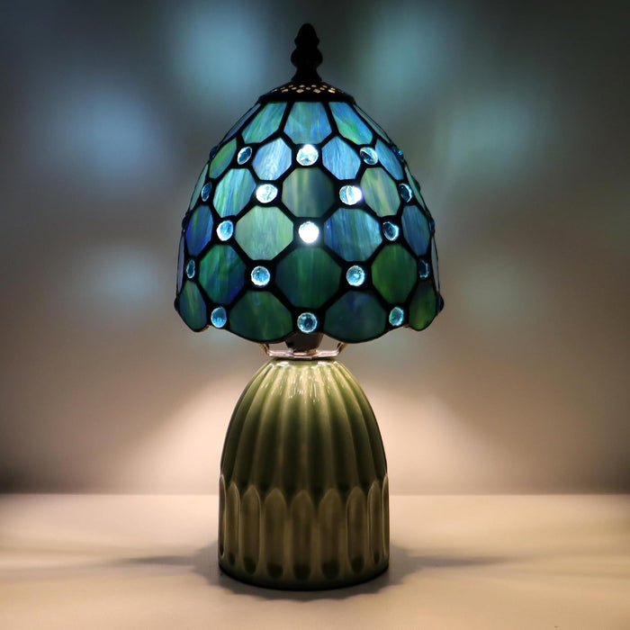 Tiffany Stained Glass Mushroom Table Lamp 12.5 Inch -Sea Blue Pearl