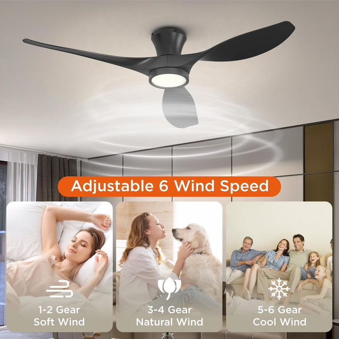 52 Inch Ceiling Fan with Led Light Remote Control Flush Mount Low Profile for Bedroom Farmhouse Patio Outdoor Living Room Kitchen Dining Room,Dc Motor,Reversible,Black