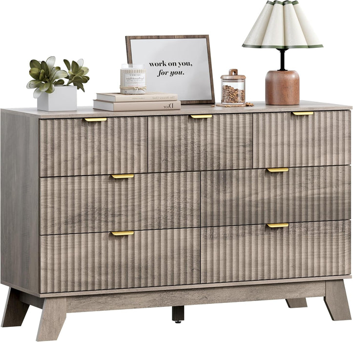 7 Drawer Fluted Dresser for Bedroom, Mid Century Modern Wooden Dresser with 7 Drawers, Dressers & Chests of Drawers with Metal Handle, TV Stand & Storage Organizer for Entryway, Hallway, Grey
