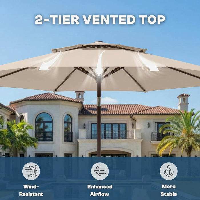 10FT Outdoor Patio Umbrella, 2 Tiers Market Table Umbrella with 8 Sturdy Ribs, Push Button Tilt and Crank, UPF50+ UV Protection for Deck, Pool, Garden and Backyard