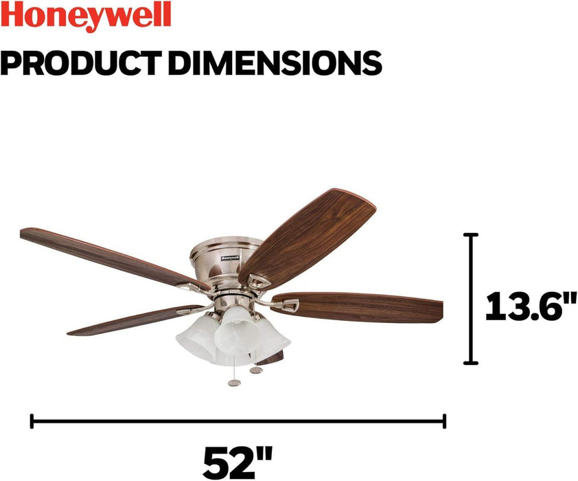 Ceiling Fans Glen Alden, 52 Inch Classic Flush Mount Indoor LED Ceiling Fan with Light, Pull Chain, Quick-2-Hang Dual Finish Blades, Reversible Motor - 50182 (Brushed Nickel)