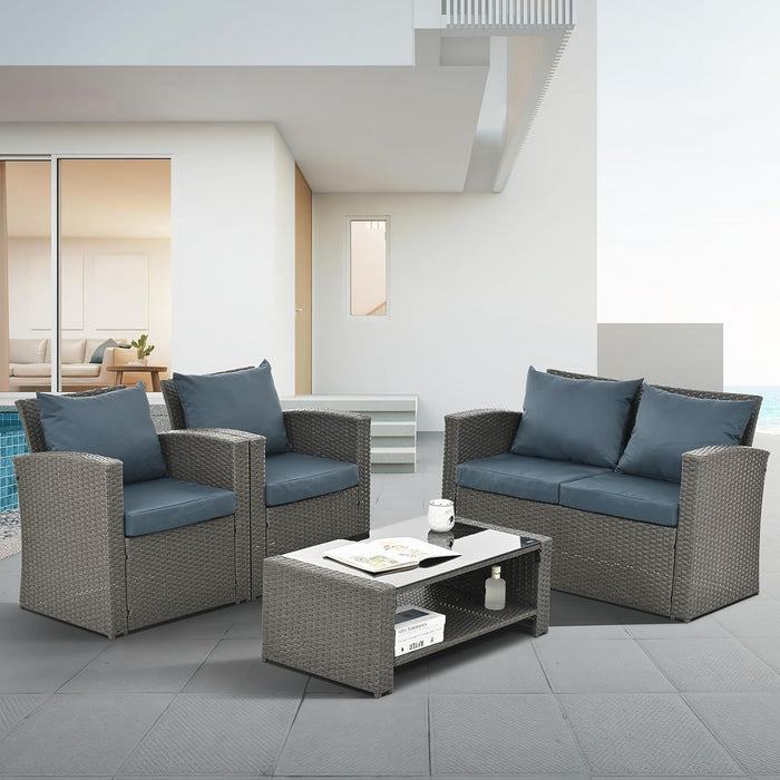4 Pieces Patio Furniture Set, Outdoor Wicker Conversation Furniture Sets with Sofa, 2 Chairs and Coffee Table, Outdoor Loveseat with Soft Cushion for Garden, Balcony, Pool, Backyard, Grey