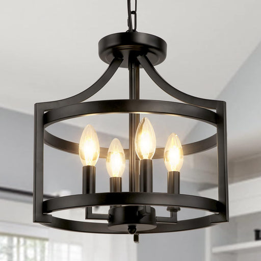 4-Light Farmhouse Chandelier, Modern Hanging Pendant Lighting, Convertible Semi Flush Mount Ceiling Light Fixture Rustic Vintage Black Chandeliers for Dining Room Kitchen Foyer Entryway