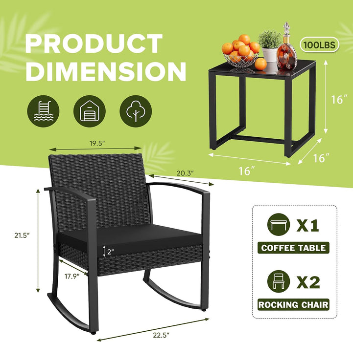 Patio Furniture Set 3 Piece Resin Outdoor Bistro Set Rocking Patio Chairs with Cushions and Table for Porch, Poolside, Balcony and Yard (Black)