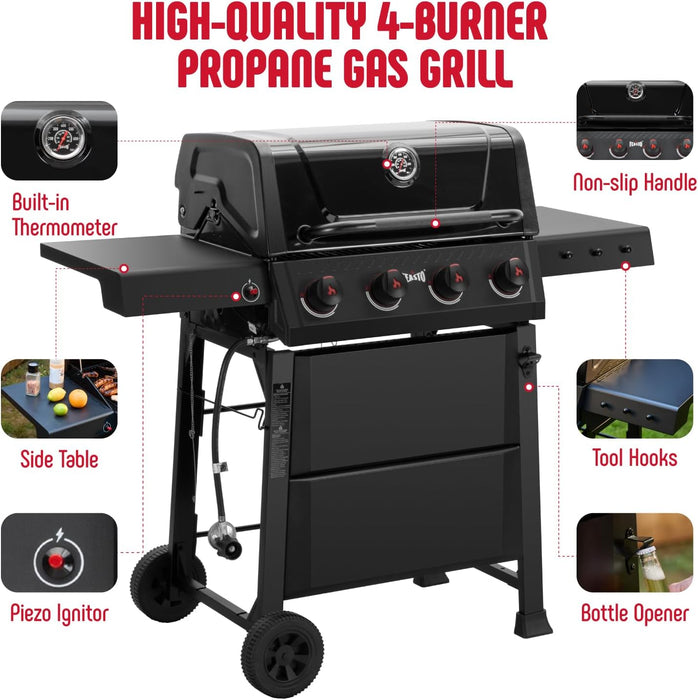4-Burner Gas Grill with Side Tables, 36,000 BTU, 559 Sq. In., Black | Outdoor Propane BBQ Grill with Premium Enameled Coated Chamber Body & Porcelain-Enameled Grates for Deck Party & Patio BBQ