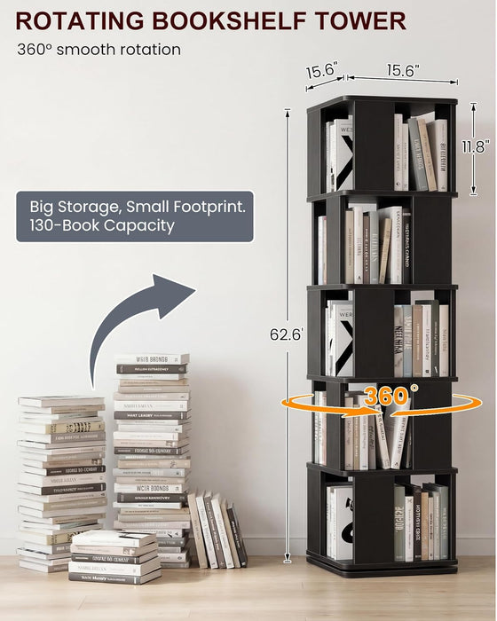 5-Tier Rotating Bookshelf Tower, 360° Spinning Modern Book Storage Bookcase, Stable Display Corner Book Shelf for Kids Room, Living Room, Bedroom, Home Office, Black