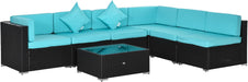 7-Piece Patio Furniture Sets Outdoor Wicker Conversation Sets All Weather PE Rattan Sectional Sofa Set with Cushions & Tempered Glass Desktop, Turquoise