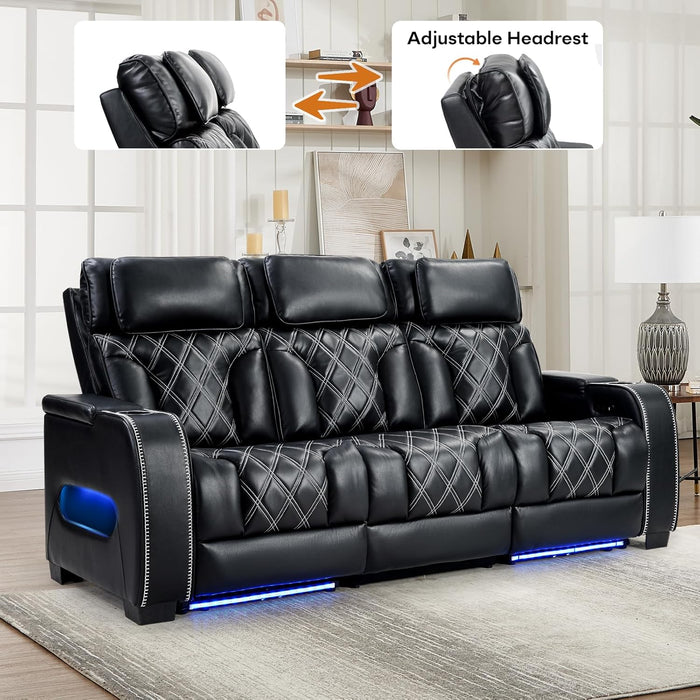 Home Theater Seating, Power Reclining Sofa with Adjustable Headrests, PU Leather 3 Seat Recliner Sofa Couch Set with Ambient Lighting, Cup Holders, USB & Type C Ports, Armrest Storage, Black
