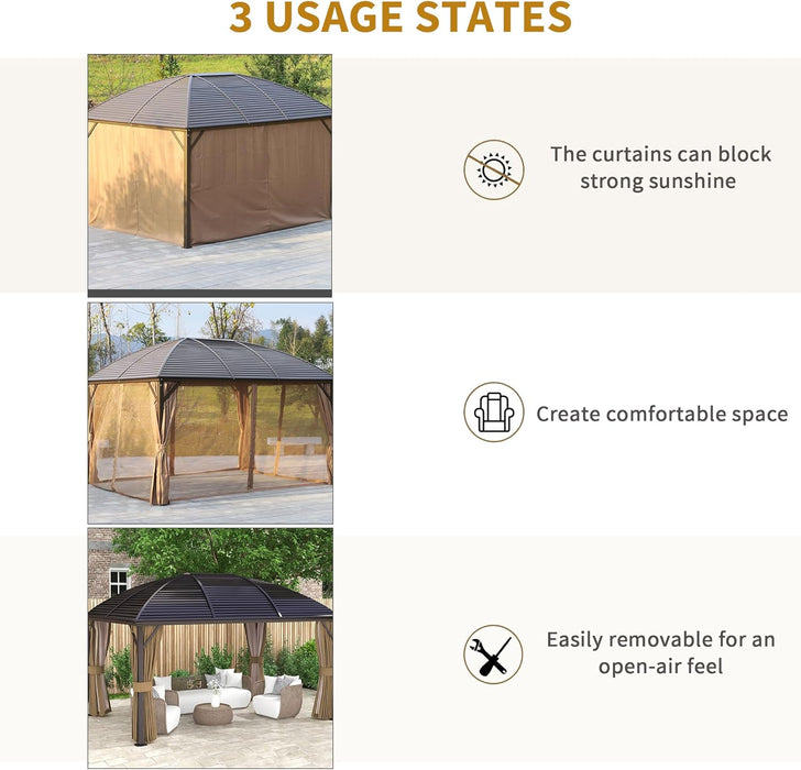 10' X 14' Hardtop Gazebo Canopy with Galvanized Steel Roof, Aluminum Outdoor Pavilion Gazebo with Top Hook, Netting, and Curtains for Patio, Garden, Backyard, Deck, Brown