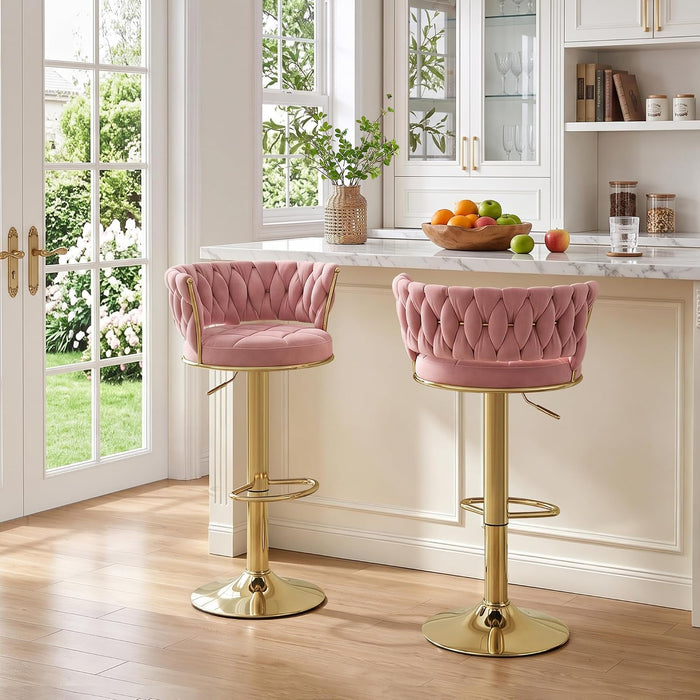 Bar Stools Set of 2, Adjustable Barstools Counter Height Stools with Back and Arm, Velvet Woven Kitchen Island Stools W/Gold Metal Leg Base, 360° Swivel Bar Chair, Pink