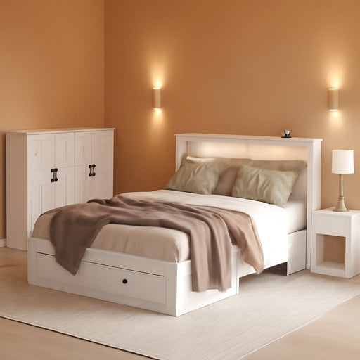 Full Size Murphy Bed with Charging Station - Wall Mounted Hideaway Cabinet Bed, Foldable Panel & Large Storage Drawer for Home Office,Small Room,Guest Bedroom,Living Room, White