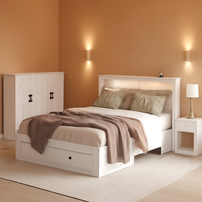 Full Size Murphy Bed with Charging Station - Wall Mounted Hideaway Cabinet Bed, Foldable Panel & Large Storage Drawer for Home Office,Small Room,Guest Bedroom,Living Room, White