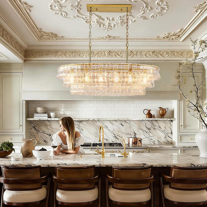 39In Large Chandelier Gold, Modern Dining Room Light Fixtures, 3 Layer Luxury Glass Chandelier 6 Light Rectangular Chandeliers for Dining Room Kitchen Island Living Room (Clear Glass)