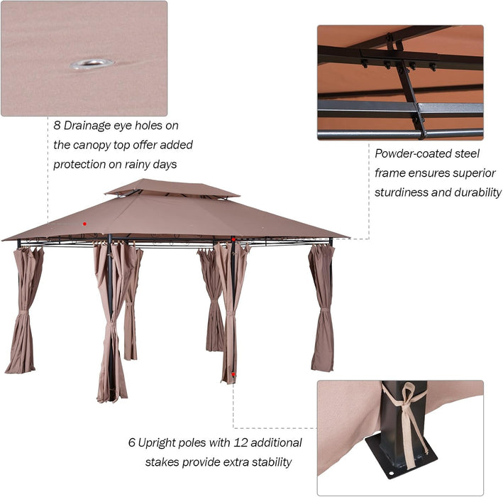 10' X 13' Patio Gazebo, Outdoor Gazebo Canopy Shelter with Curtains, Vented Roof, Steel Frame for Garden, Lawn, Backyard and Deck, Khaki