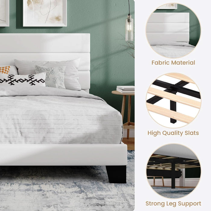 Full Platform Bed Frame with Velvet Upholstered Headboard, Mattress Foundation with Strong Wooden Slats Support, No Box Spring Needed, White