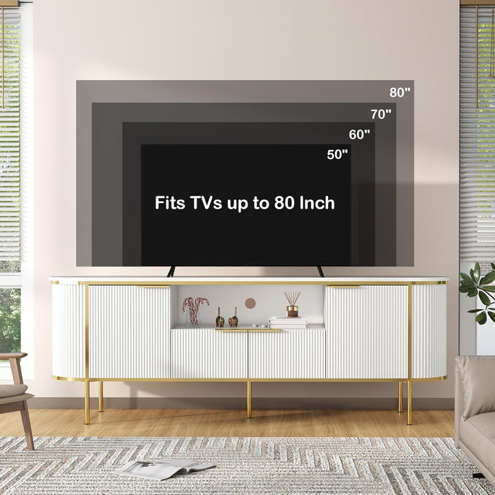 White Fluted TV Stand: 70" Luxury Entertainment Center with Storage for 80 Inch Tvs, Modern TV Consoles for Living Room, Wood Media Console with Faux Marble Top
