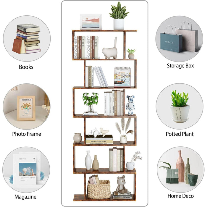 Geometric Bookcase, Bookshelf 6-Tier S Shaped Book Shelves for Bedroom, Modern Wood Decorative Display Shelf Tall Book Case for Home Office, Rustic Brown