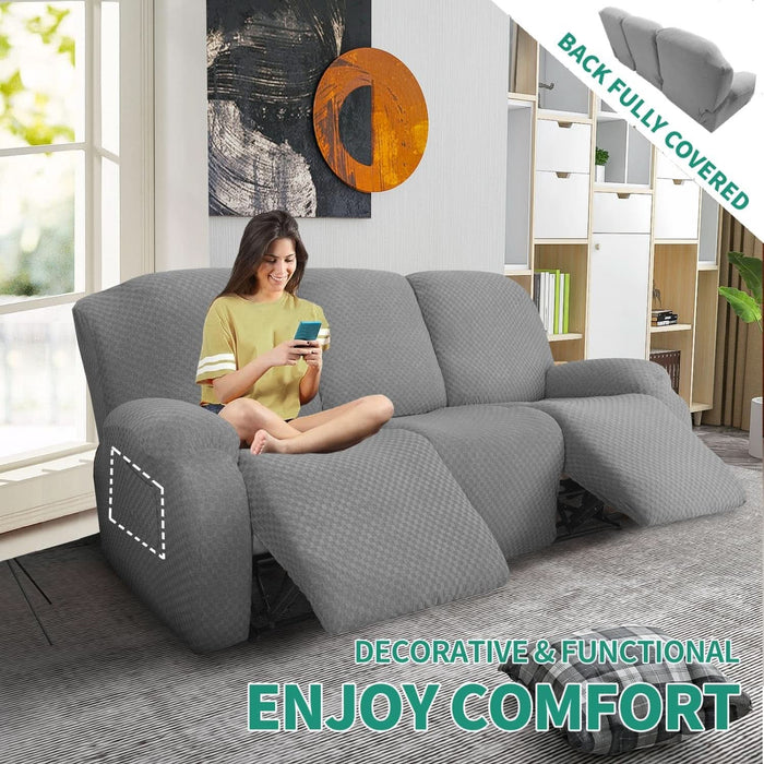 8 Pieces Stretch Recliner Sofa Cover Latest Jacquard Reclining Couch Cover with Side Pocket Anti-Slip Fitted 3 Cushion Furniture Slipcovers with Elastic Bottom (Sofa Recliner, Light Gray)